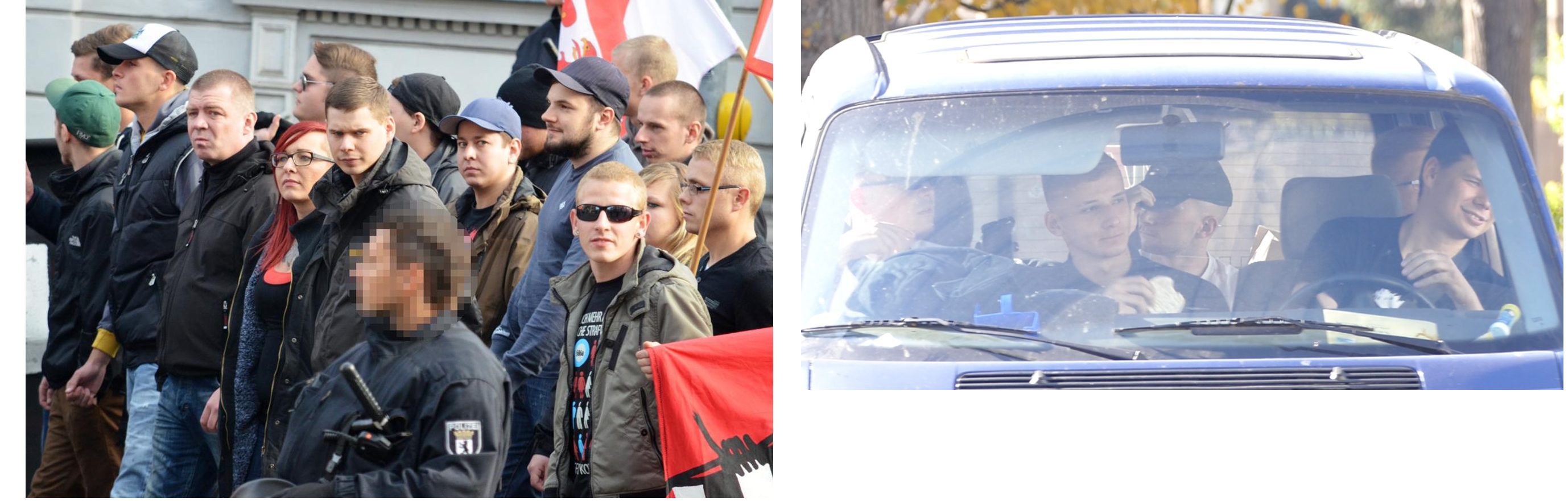 Links: Robert Andres bei einem JN-Aufmarsch 2013 in Döbeln (Quelle: Pixelarchiv) Rechts: Robert Andres als Fahrer des Tiwaz-Teams am 18.10.18 in Ostritz. Vom Betrachter aus hinten links: Eric Fröhlich, rechts Max Hetzner